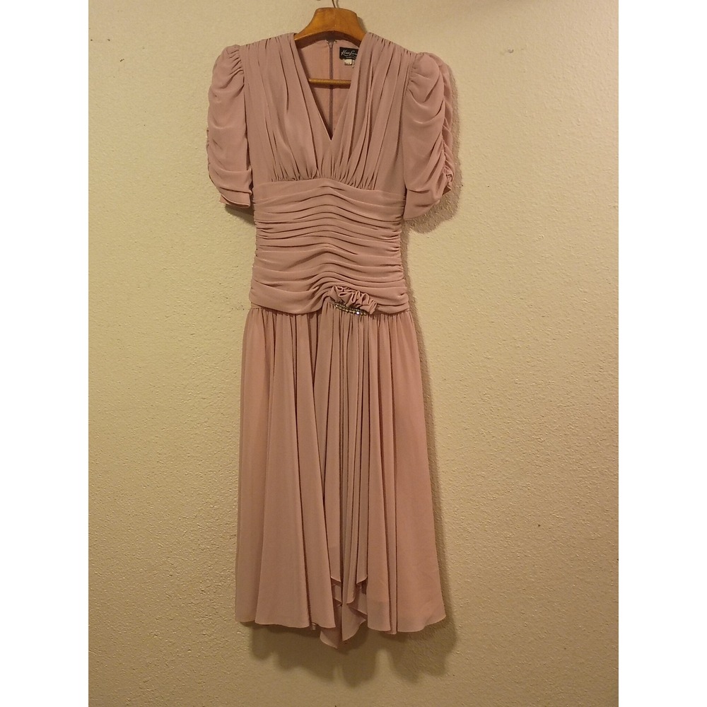 Vintage Karen Lawrence Mauve Pink Ruched Chiffon Midi Dress Rhinestone Size 6